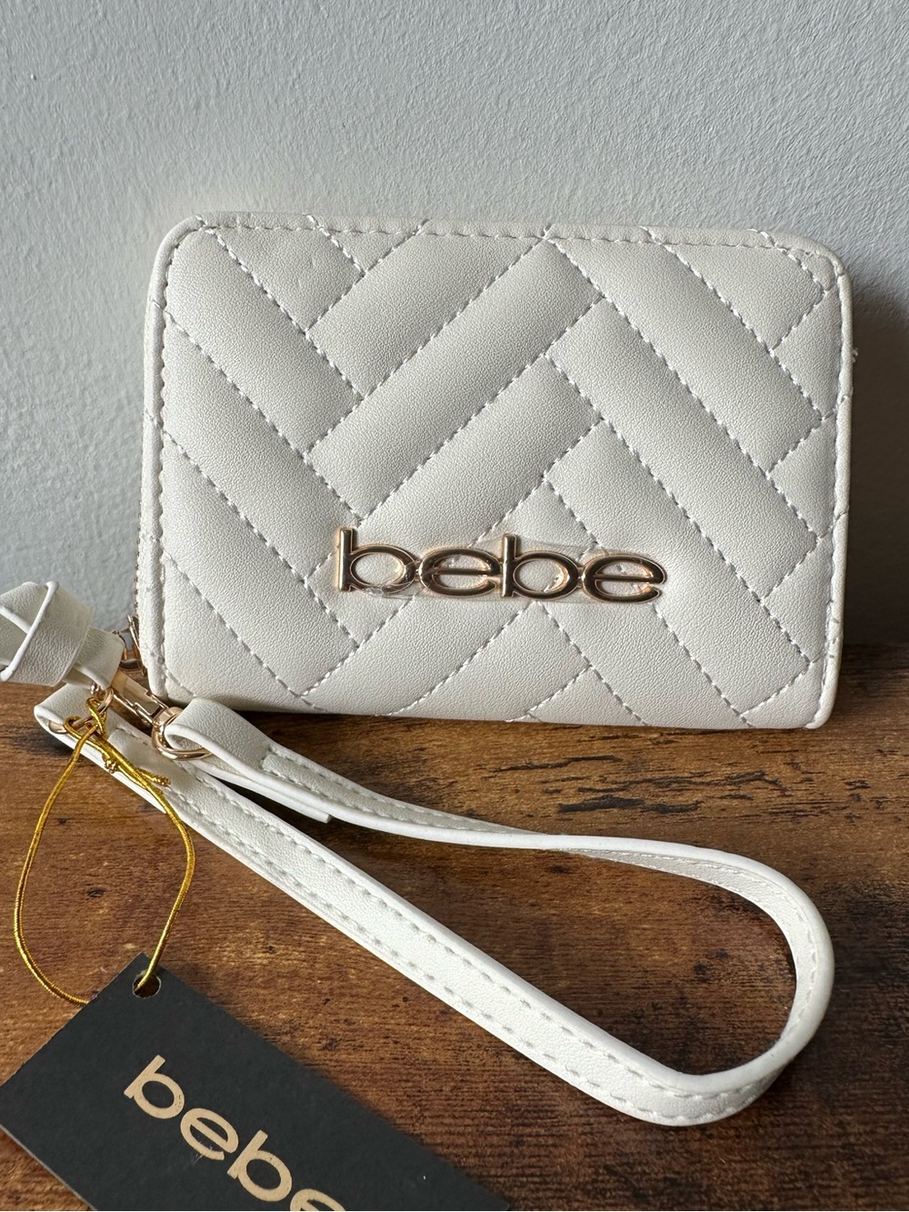 Bebe Quilted White Wristlet Wallet with Gold Logo Tie Charm Faux Leather NWT